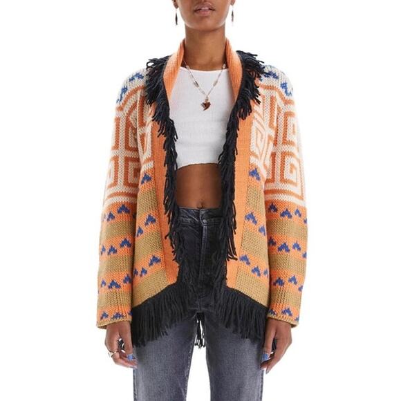 MOTHER Orange Multicolor The Belted Fringe Alpaca Cardigan Sweater Size XS - Picture 1 of 15